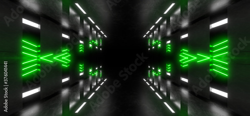 A dark corridor lit by colorful neon lights. Reflections on the floor and walls. 3d rendering image.