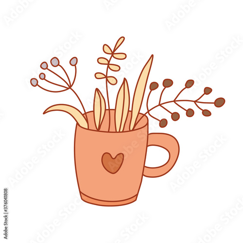 Nice leaves and herbs in a cute mug decorated with a heart. Hand drawn vector illustration in flat style with lines isolated on white background. Herbal tea theme. Neutral trendy colors.