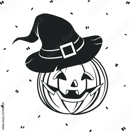 Vector halloween clipart pumpkin with witch hat. Illustration for seasonal design, textile, decoration kids playroom or greeting card. Isolated sketch object. Flat vector illustration