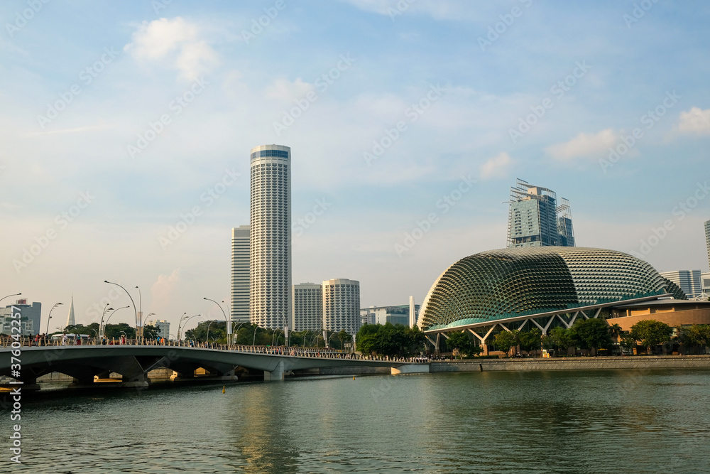 Esplanaarchitecture, asia, asian, australia, bay, boat, bridge, building, business, city, cityscape, culture, dawn, design elements, district, dome, downtown, drive, editorial, de Bridge in Singapore.
