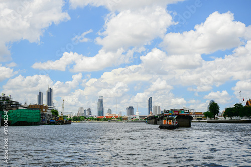 View Chao Phraya River and Cargo ship in the Chao Phraya River in Bangkok Yai ,Bangkok,Thailand.The beauty Landscape View of Chao Phraya River.