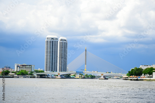 View Chao Phraya River and Rama VIII Bridge in Bangkok Yai ,Bangkok,Thailand.The beauty Landscape View of Chao Phraya River.
