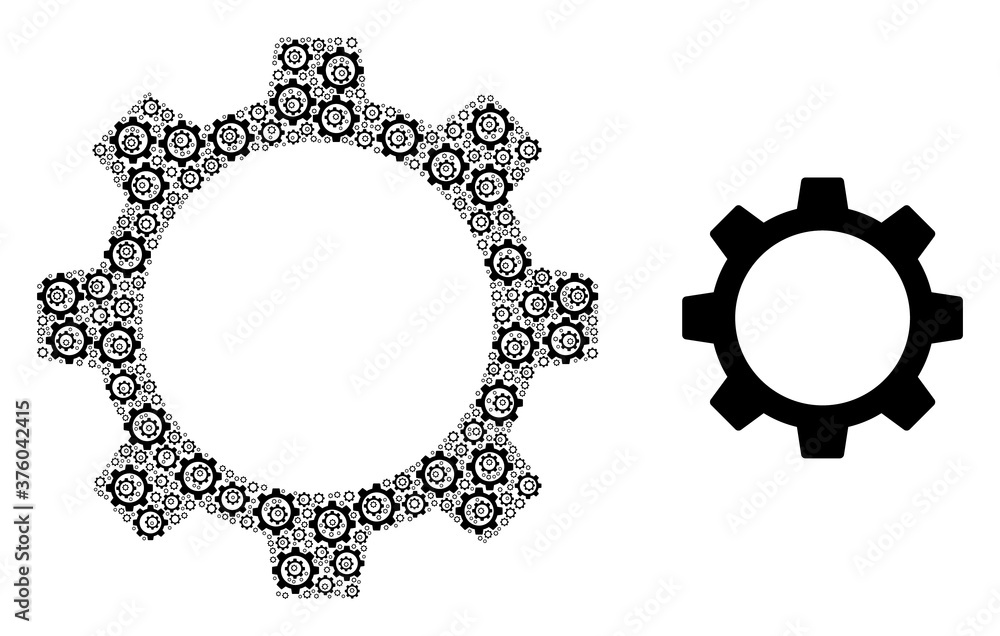 Fractal collage gear wheel and basic icon. Vector collage is created with repeating gear wheel items. Flat vector design on a white background. Fractal collage gear wheel and basic icon. Vector collage is created with repeating gear wheel items. Flat vector design on a white background.