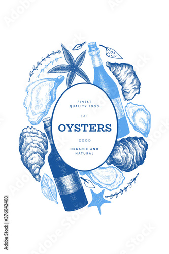 Oysters and wine design template. Hand drawn vector illustration. Seafood banner. Can be used for design menu, packaging, recipes, label, fish market, seafood products.