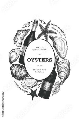 Oysters and wine design template. Hand drawn vector illustration. Seafood banner. Can be used for design menu, packaging, recipes, label, fish market, seafood products.