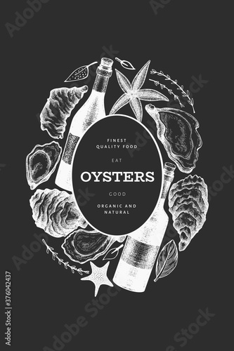Oysters and wine design template. Hand drawn vector illustration on chalk board. Seafood banner. Can be used for design menu, packaging, recipes, label, fish market, seafood products.