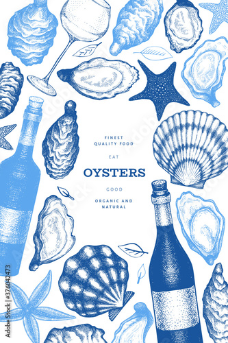 Oysters and wine design template. Hand drawn vector illustration. Seafood banner. Can be used for design menu, packaging, recipes, label, fish market, seafood products.