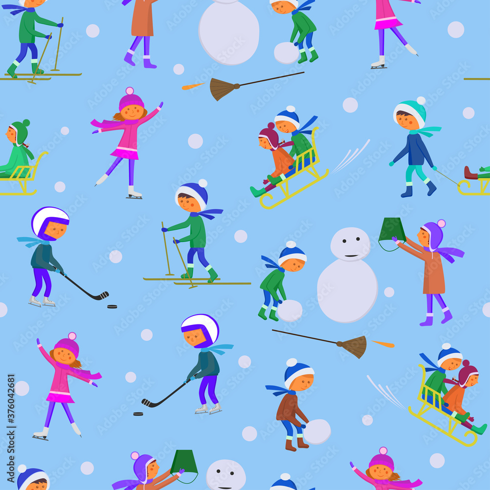 Active recreation for children in winter. Children build a snowman, sledding and skiing. Seamless vector pattern on a blue background