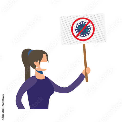 woman wearing medical mask with stop covid19 protest banner character