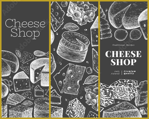 Cheese design template. Hand drawn vector dairy illustration on chalk board. Engraved style different cheese kinds banner. Vintage food background.