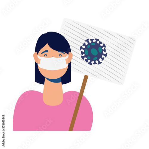 woman wearing medical mask with covid19 protest banner character