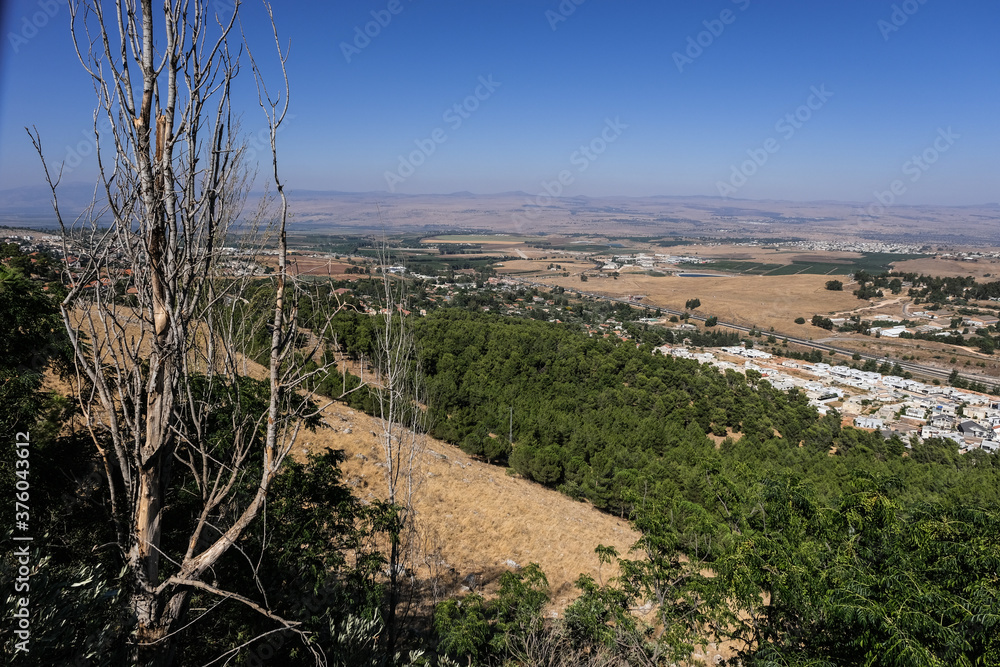 View of Hula Valley and Sea of Galilee with Golan Heights in the background as seen from Mitzpe Hayamim hotel, Upper Galilee, Northern Israel, Israel.