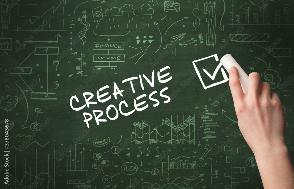 Hand drawing CREATIVE PROCESS inscription with white chalk on blackboard, new business concept Hand drawing CREATIVE PROCESS inscription with white chalk on blackboard, new business concept