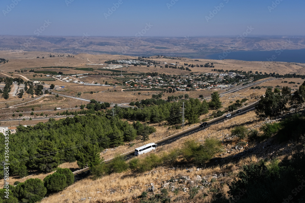 View of Hula Valley and Sea of Galilee with Golan Heights in the background as seen from Mitzpe Hayamim hotel, Upper Galilee, Northern Israel, Israel.