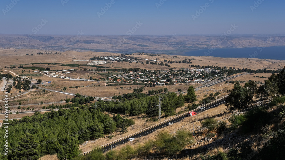 View of Hula Valley and Sea of Galilee with Golan Heights in the background as seen from Mitzpe Hayamim hotel, Upper Galilee, Northern Israel, Israel.