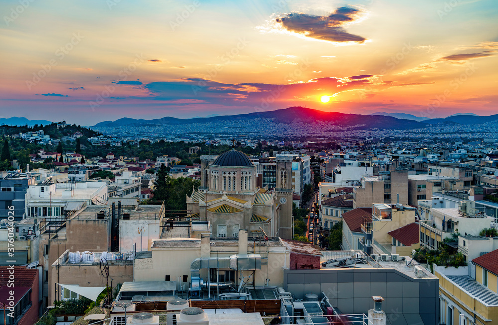 Sunset over athens, greece