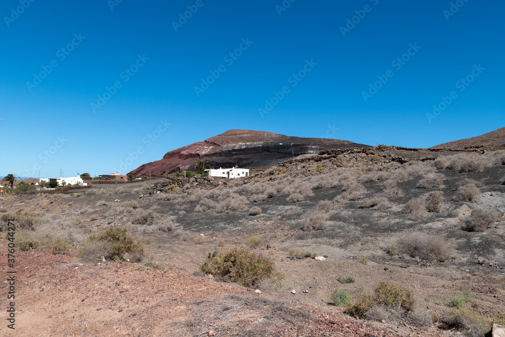 view of houses in volcanic area on the island of lanzarote, canary islands,
