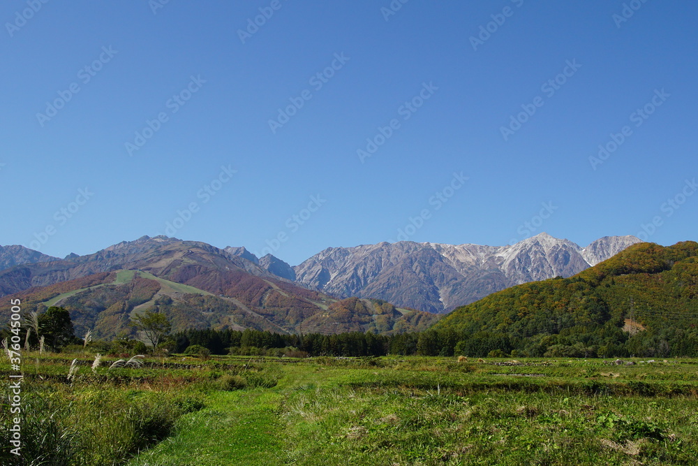 sunny autumn panorama of countryside in Japan, Hakuba valley