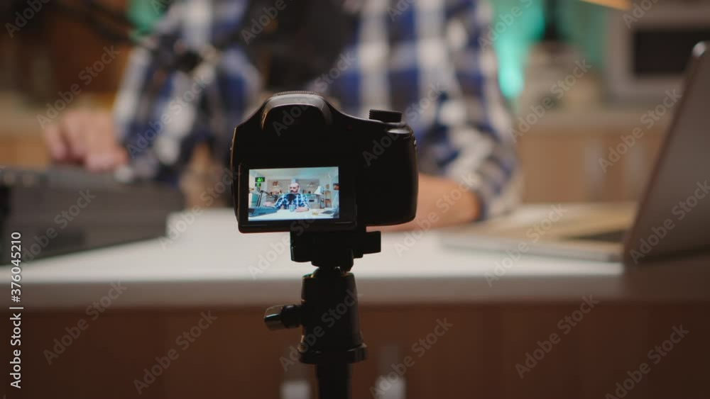 Famous influencer recording online show in home studio. Creative online show On-air production internet broadcast host streaming live content, recording digital social media communication Famous influencer recording online show in home studio. Creative online show On-air production internet broadcast host streaming live content, recording digital social media communication