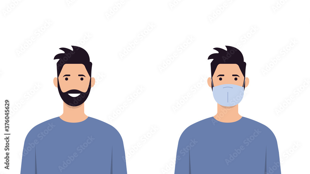 It is forbidden to be without a mask. A man with and without a medical mask. Prevention of disease, flu, air pollution, polluted air, coronavirus. Vector illustration in flat style
