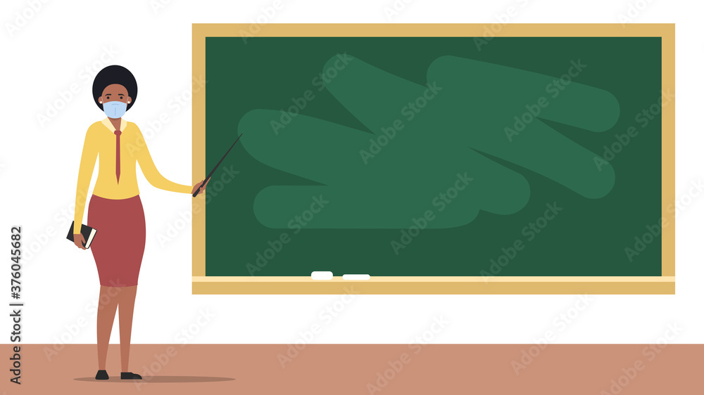 A teacher in a medical mask stands near the blackboard. Education in an educational institution during the coronavirus epidemic. Flat style. Vector illustration
A teacher in a medical mask stands near the blackboard. Education in an educational institution during the coronavirus epidemic. Flat style. Vector illustration