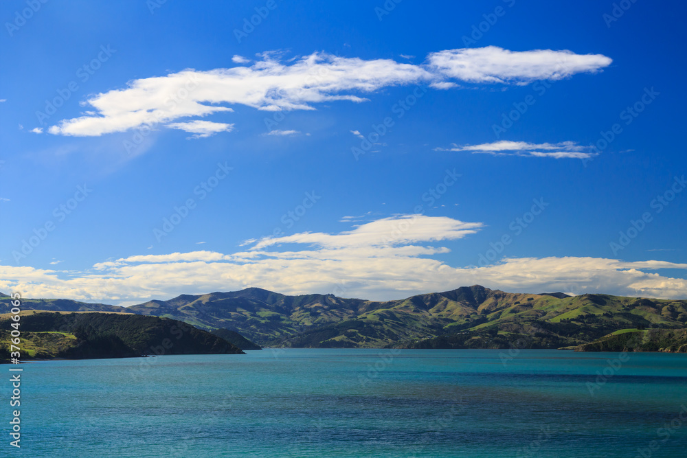 The hills of Banks Peninsula, New Zealand, as viewed from Akaroa Harbour