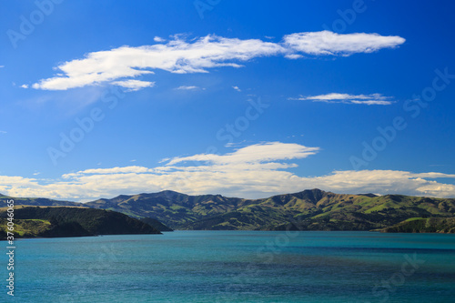 The hills of Banks Peninsula, New Zealand, as viewed from Akaroa Harbour