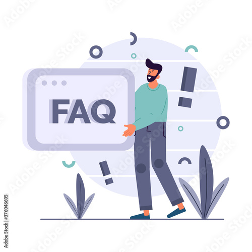 Frequently asked questions, man in casual clothing holding a big FAQ sign with exclamation marks in background vector illustration for website