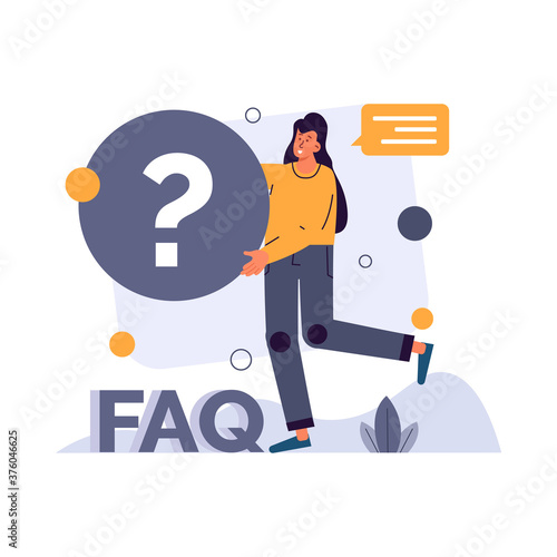 Frequently asked questions, woman with long hair saying in bubble message and holding a big dark grey question mark sign next to FAQ lettering vector illustration for website