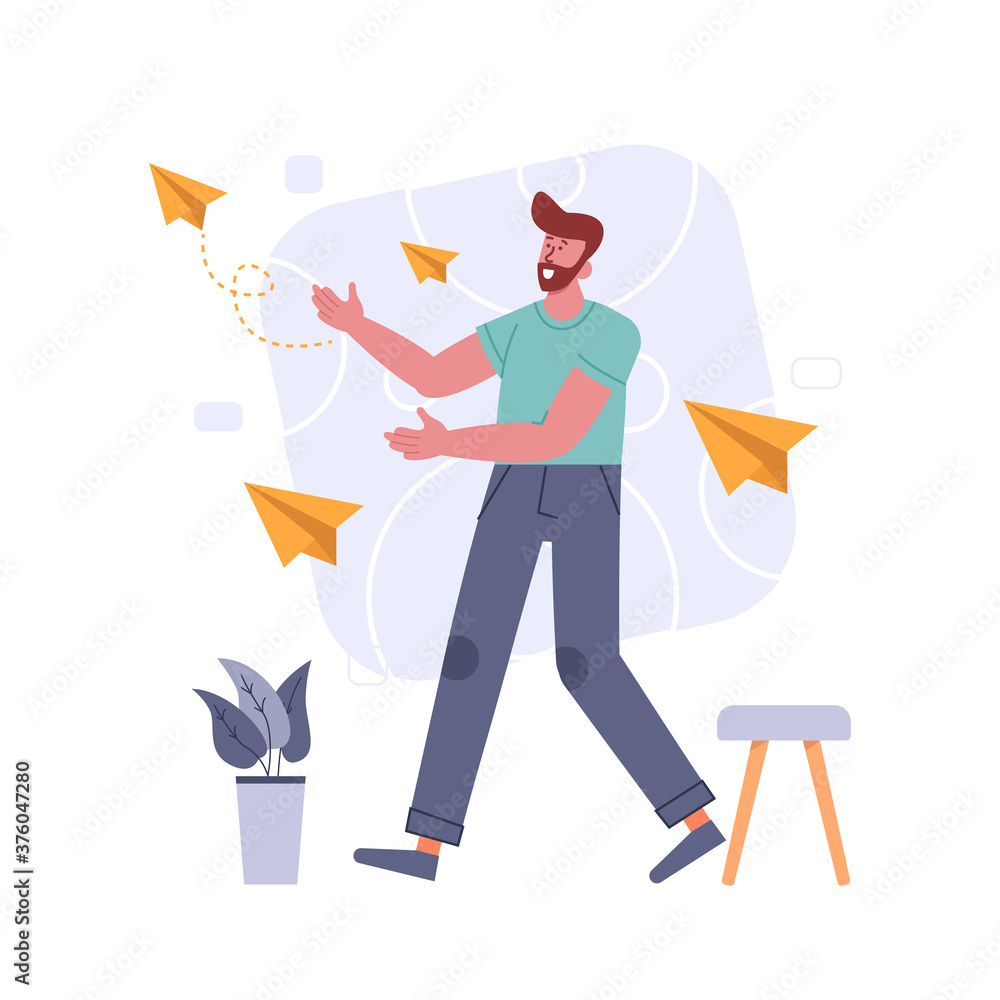 Message sent, happy man in casual clothes sending messages, male person throwing paper planes vector illustration for website Message sent, happy man in casual clothes sending messages, male person throwing paper planes vector illustration for website