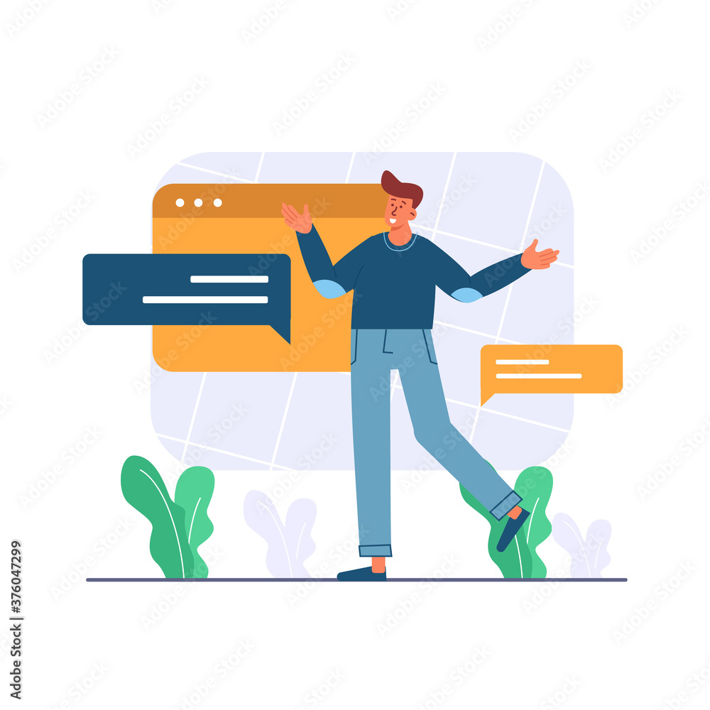 Message sent, happy man in casual clothes standing in front of a screen with chat message bubbles vector illustration for website Message sent, happy man in casual clothes standing in front of a screen with chat message bubbles vector illustration for website