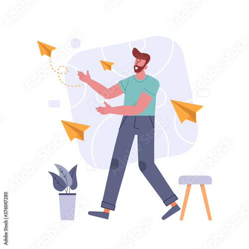 Message sent, happy man in casual clothes sending messages, male person throwing paper planes vector illustration for website