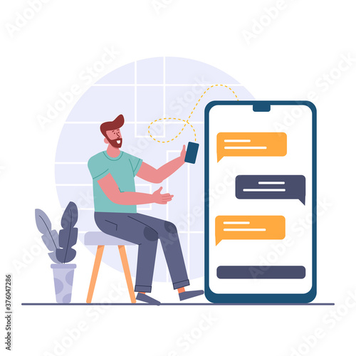 Message sent, happy man in casual clothes sending messages using smartphone to another phone, male person holding a smartphone, big phone with chat message screen vector illustration for website