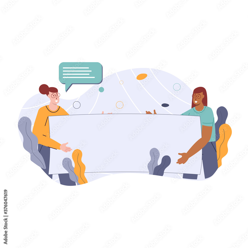 Racial justice, happy women in casual clothes with different skin color talking and helping each other, two women with different race holding a big paper vector illustration for website Racial justice, happy women in casual clothes with different skin color talking and helping each other, two women with different race holding a big paper vector illustration for website