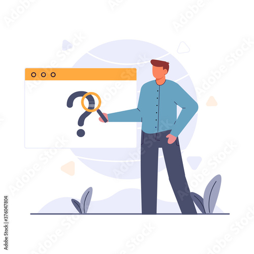 Search not found, man standing in front of a monitor with a question mark holding a magnifying glass, male person viewing an empty search screen vector illustration for website