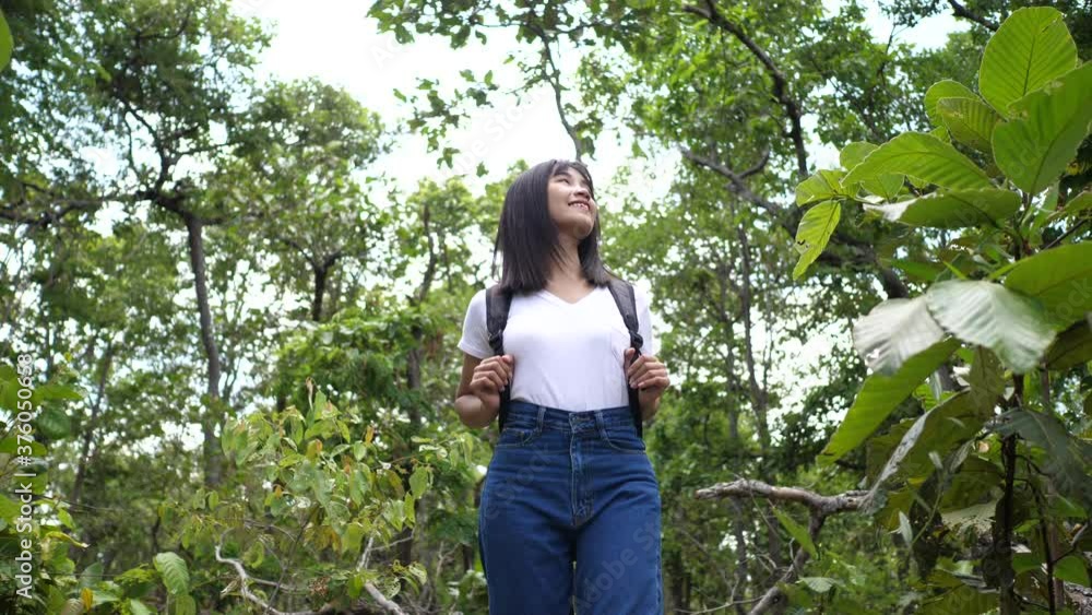 Asian woman traveler looking around the forest Asian woman traveler looking around the forest