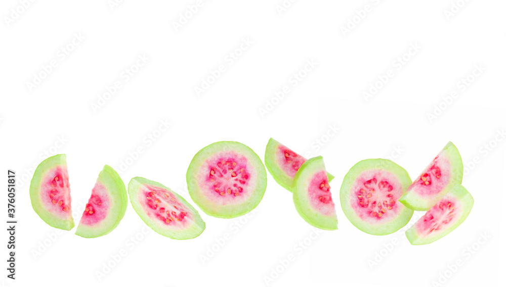pink guava fruit top view on white background.