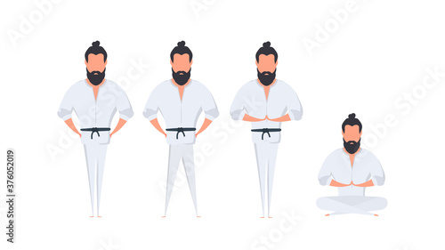 A man in a white kimono. Kung Fu master. Isolated on white background. Vector.