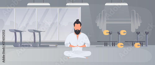 A man in a white kimono meditates. Kung Fu Master. The guy is doing yoga. Vector.
