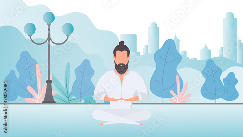A man in a white kimono meditates in the park. Kung Fu Master. The guy is doing yoga in nature. Vector.