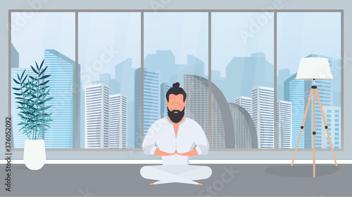 A man in a white kimono meditates. Kung Fu Master. The guy is doing yoga. Vector.
