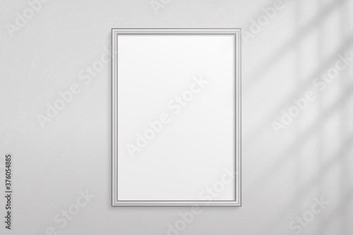 Mockup silver frame photo on wall. Mock up picture framed. Vertical modern boarder with shadow. Empty photoframe a4 isolated on background. Border for design prints poster and painting image. Vector