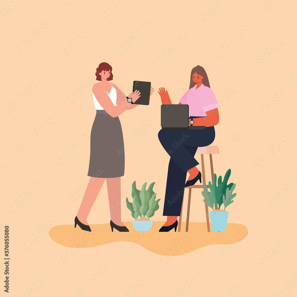 businesswomen cartoons on chair with laptop tablet and plants vector design businesswomen cartoons on chair with laptop tablet and plants vector design