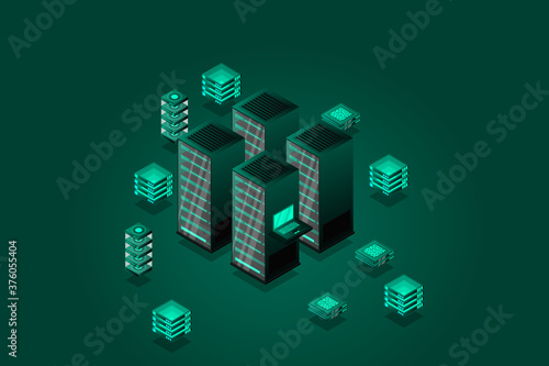 Cloud computing. Online backup secure computer internet hosting access apps networking 3d landing vector page. Isometric data cloud server, access to storage illustration