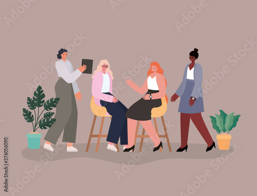 businesswomen cartoons on chairs with tablet and plants vector design