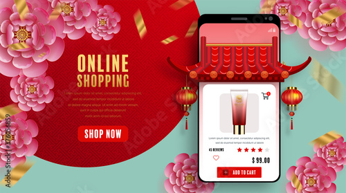 Online shopping concept digital marketing on website and mobile application. Chinese new year 2021 year of the ox with craft style on background.