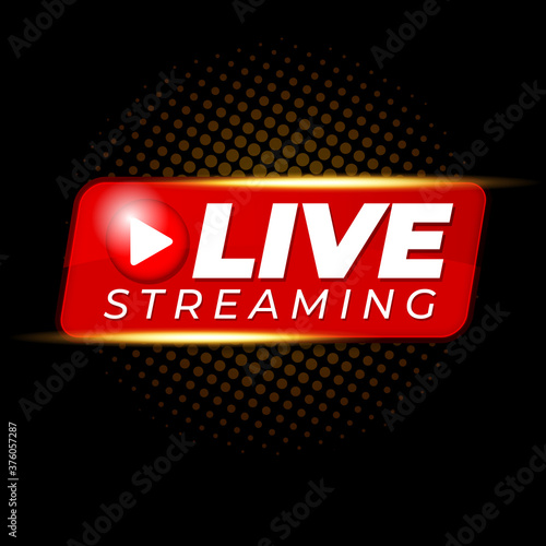 Live Stream Icon with play button isolated on black background for blog, player, broadcast, website, online radio, media labels, logo.