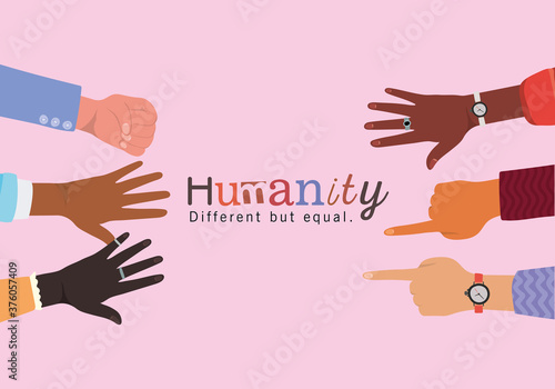 humanity different but equal and diversity hands skin vector design