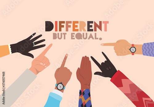different but equal and diversity skin hands vector design