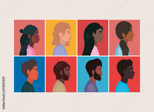 diversity of women and men cartoons in frames vector design